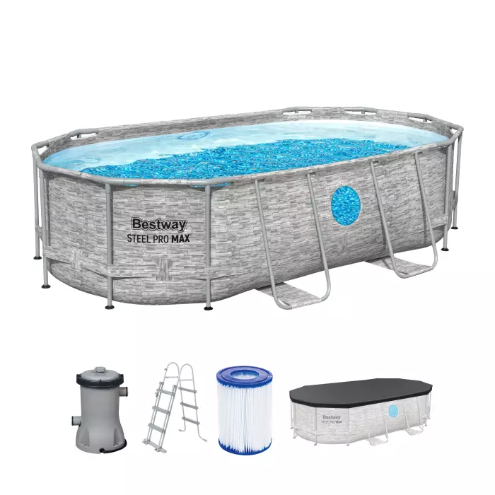 Каркасный бассейн Bestway 56714 BW, Power Steel 427х250х100см "Ротанг" 7250л, фильтр-насос, лестница, тент фото 2